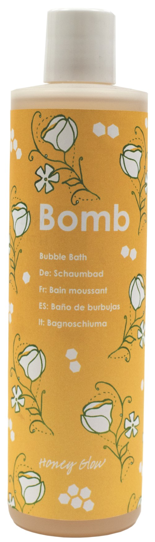 A yellow bottle with white flower and cotton illustrations, labeled "Bomb" and described as bubble bath, honey flow.