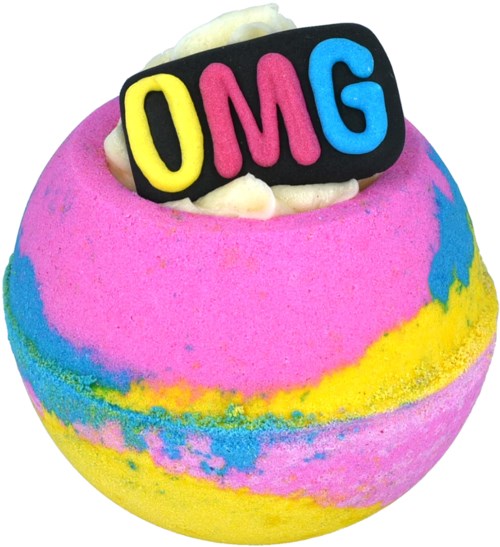 Värikäs kylpykupla, jossa 'OMG'-merkki päällä ja kirkkaan pinkki, keltainen ja sininen väri.