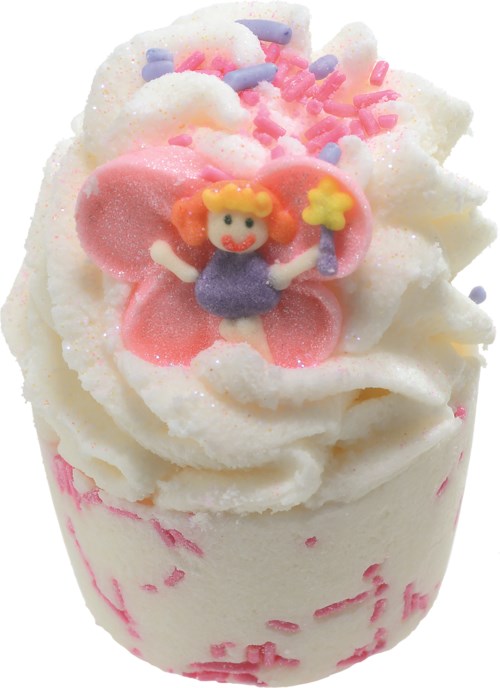 En lille cupcake med rosa og hvid frosting, fairy-figur af sukker og farverige krymmel.