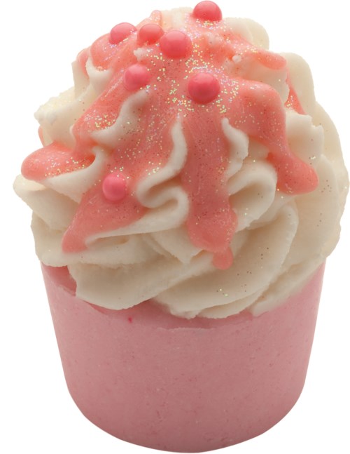 En lyserød cupcake med hvid og lyserød glasur, pyntet med lyserøde kugler og lidt glitter på toppen.