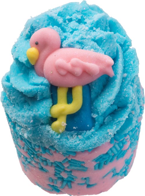 En lyserød flamingo-dekoration på en blå og pink cupcake med krymmel.