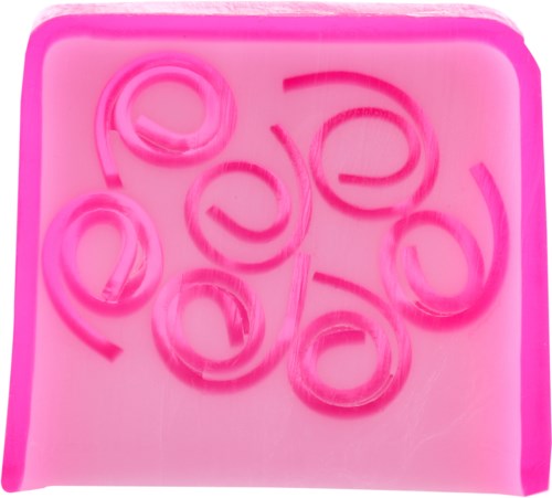 Rød silikonform med seks cirkulære, spiralformede ringe. Bruges til at lave konfekt eller dekorative objekter.