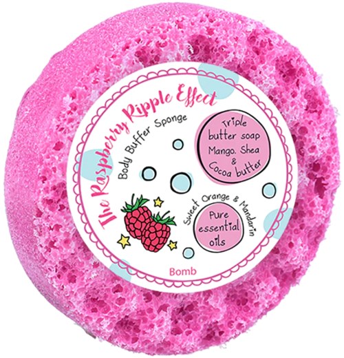 Pinkki vartiosponge, jonka etiketissä kerrotaan sen sisältävän kolmea voidesa, mangoa, sheaa, kaakaovoita ja eteerisiä öljyjä.