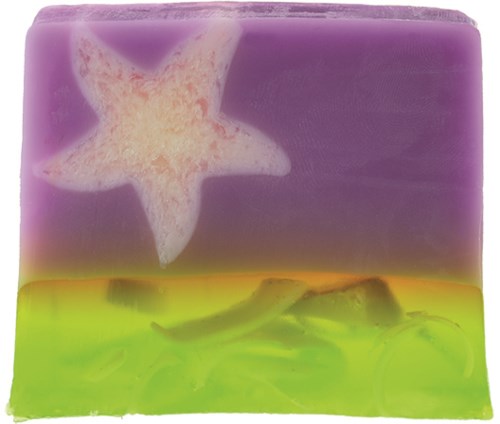 Farget sæbe med en stjernefiskedesign, lilla himmel og grønt græs eller hav nederst.