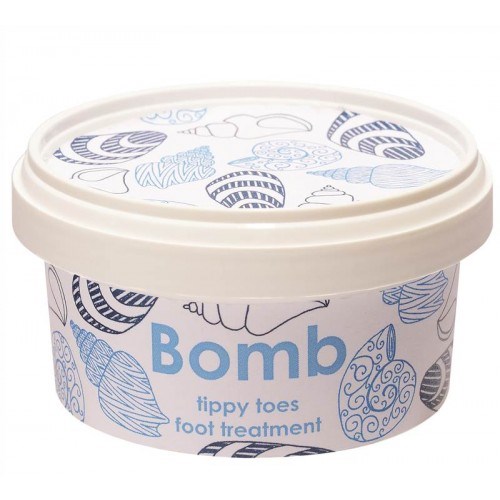 Voetverzorgingscontainer met blauwe en zwarte bladpatronen en het woord "Bomb".