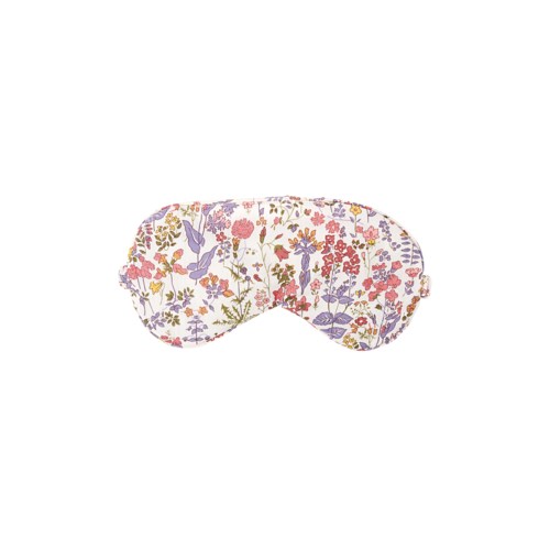 En tyg-ögonmask med blommönster i rosa, lila och grönt på vit bakgrund.