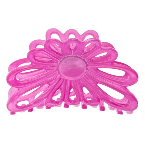 A pink plastic hair clip shaped like a flower with large open petals and a round center.