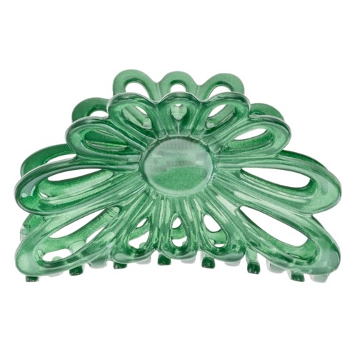 Et grønt plast hårklips formet som en blomst med løkker og en cirkulær midte.