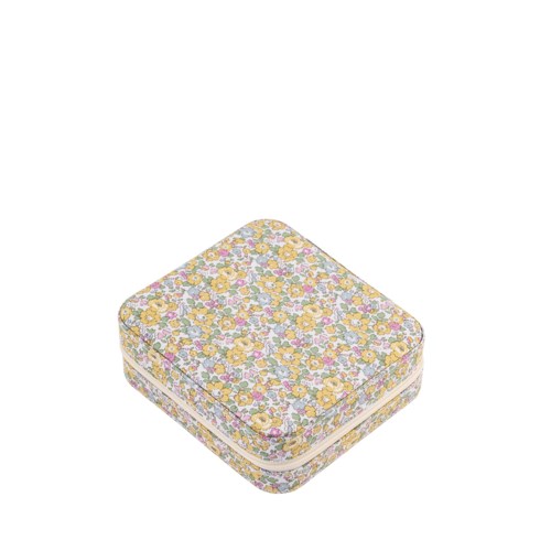 Een kleine harde box met een kleurrijk bloemenpatroon.