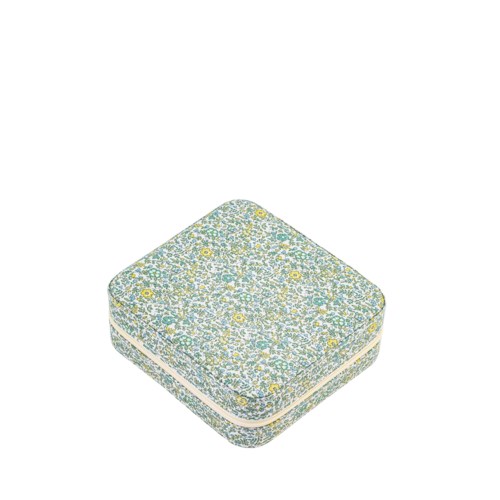 Een kleine doos met een bloemenpatroon, voornamelijk blauw en geel, met afgeronde hoeken en een witte lijn in het midden.