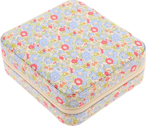 En blomsterfärgad zippered-fodral med små färgglada blommor på en ljus bakgrund.