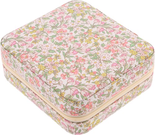 En liten mjuk dammystoppad väska med blommönster och dragkedja i pastellfärger.