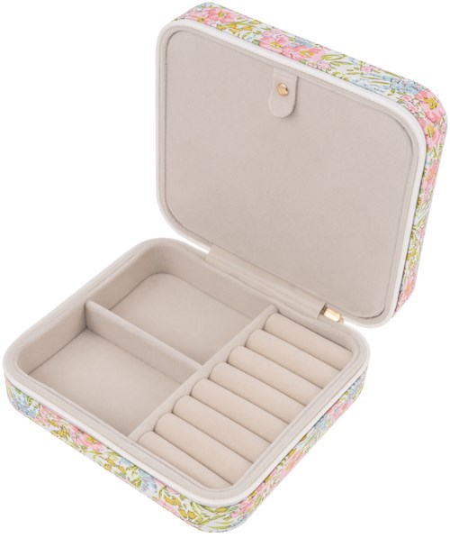 Ett blommigt smyckeskrin med flera fack för förvaring av ringar och små saker.