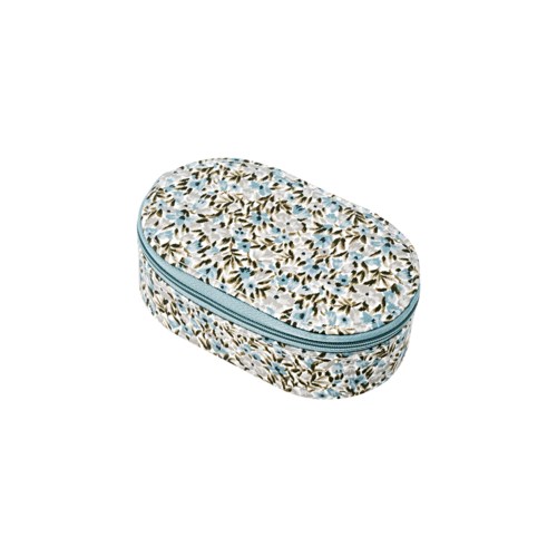 En blommig mönstrad väska för make-up eller TOA med dragkedja. Oval form och små blå, vita och beige blommor.