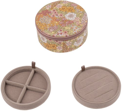 En rund låda med blommönster och två beige dividers för smycken.