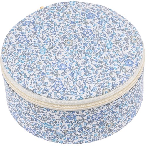 Ett runt fodral med blommigt mönster i tyg med dragkedja, dekorerat med små blå och beige blommor.