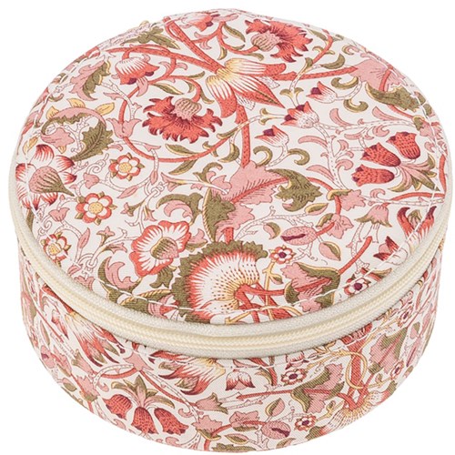 En rund tyglåda med blommönster och blixtlås, täckt av rosa, gröna och beige blommor.
