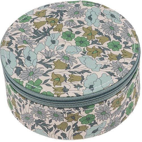 En rund väska med blommönster och dragkedja, främst i grönt, blått och beige.