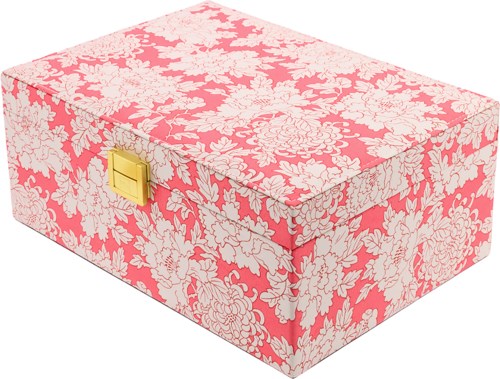 Eine Aufbewahrungsbox mit Blumenmuster in Pink und Weiß mit einem goldenen Schloss.
