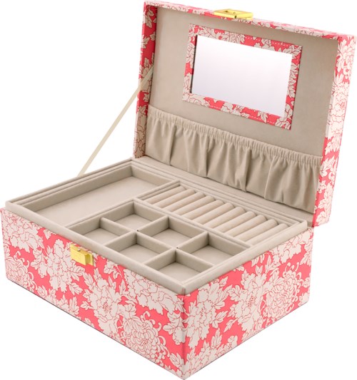 Ein pinkfarbenes Blumen-Schmuckkästchen mit Fächern für Ringe, Ketten und einem Spiegel im Inneren des Deckels.
