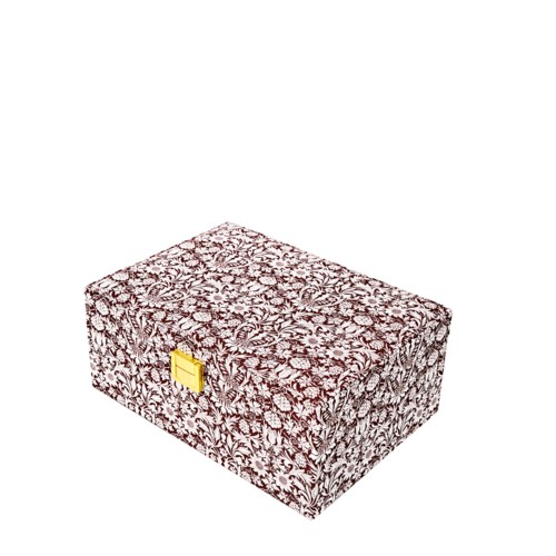 En rektangulär låda klädd med blommig mönstrad papper, med en liten gul kvadrat på sidan.