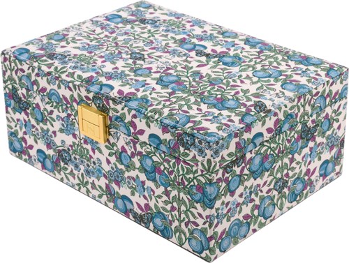 Een doos met een kleurrijk bloemendessin en een klein gouden slot aan de zijkant.