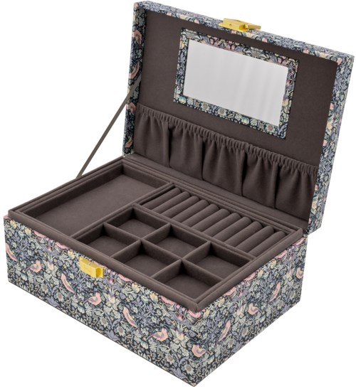 Dekorativ smyckeskrin med fack, spegel på locket och blomstermönstrad utsida.