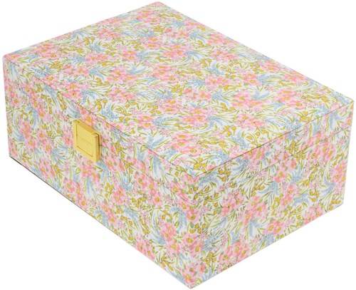 Een kleurrijk doosje met bloemenpatroon, goudkleurige sluiting en zachte uitstraling.