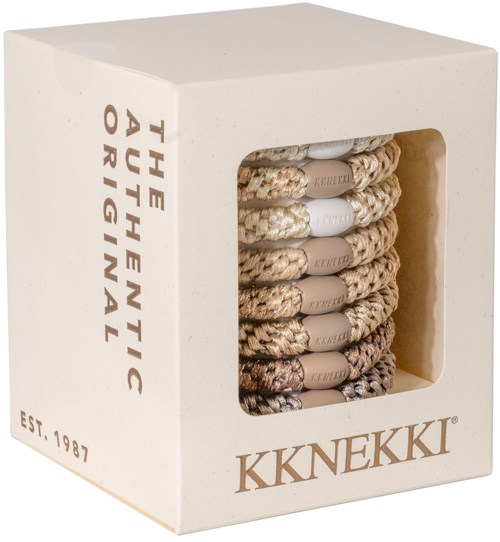A white box displays a set of colorful crocheted socks with gray label bands and the brand name KKNEKKI.