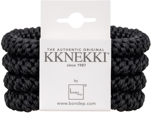 Two black braided hairbands with a white label in the middle, displaying brand names and website.