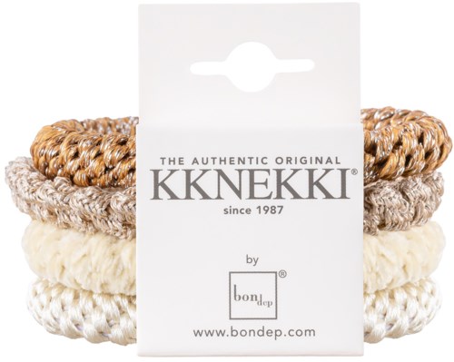 Four woven, textured hairbands stacked together on a white background. They are in various neutral colors.