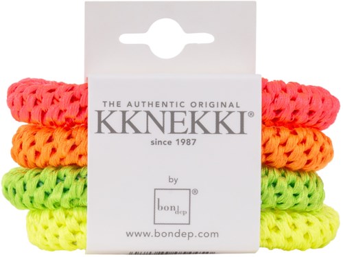 Vier bunte, geflochtene Haargummis in pink, orange, grün und gelb auf weißem Hintergrund.