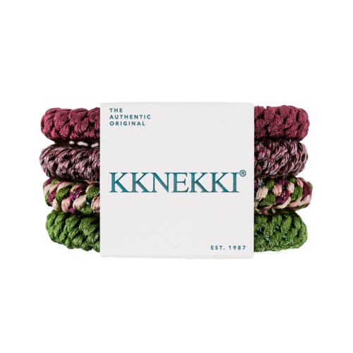 Et sæt med tre farverige, teksturerede hårbånd i pink, lilla og grøn med en hvid band mærket KKNEKK og etableret i 1987.