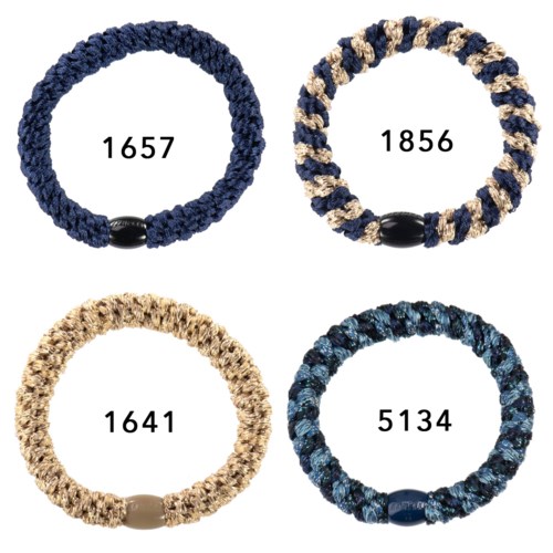 Fyra flätade handledsband i olika färger med siffror: 1657, 1856, 1641, 5134.