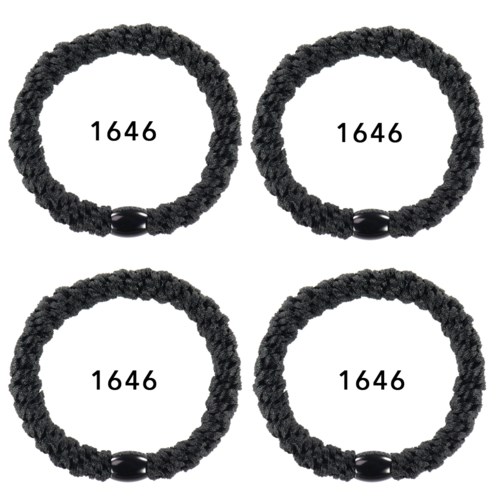 Vier schwarze Haargummis mit der Zahl 1646 darin. Sie sind rund und haben eine kleine schwarze Perle.