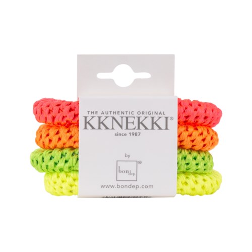 Set aus drei farbigen Haargummis in Pink, Orange und Grün mit Markenetikett.