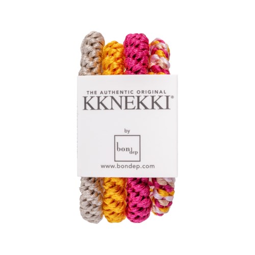 Sex färgglada flätade band i beige, gult, rosa och blandade färger i en vit låda.
