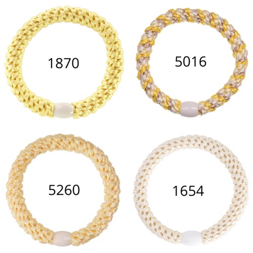 Vier bunte, geflochtene Armbänder mit großen Perlen, nummeriert 1870, 5016, 5260 und 1654, in einem 2x2 Raster.