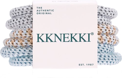 seks farvede vævede hårbånd med etiket, der siger KKNEKKI og blev etableret i 1987.