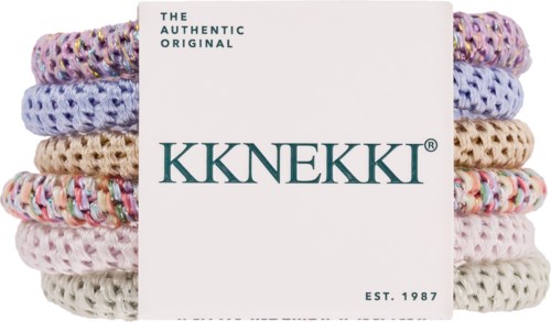 Farvede strikkede hårbånd med KKNEKIKI-mærke, etableret i 1987.