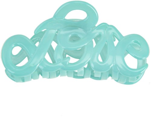 Ett ljusblått plastföremål formgivet som ett ord, med slingor och öppna ytor, och ett handtag upptill.