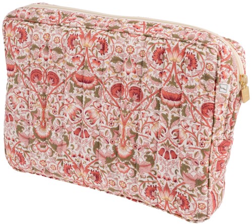 En mjuk rosa blommig väska med olika blomsterillustrationer och slingrande stjälkar.