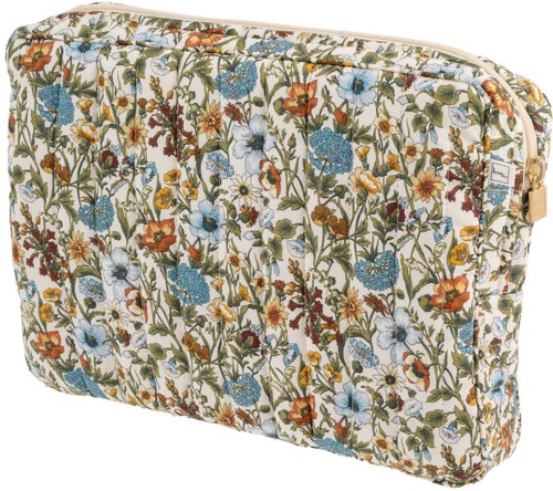 Ett vadderat fodral med blommönster och blixtlås, med blå, orange, gul och gröna blommor och blad.