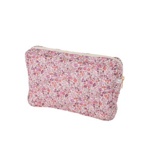 En rektangulär påse med rosa blommönster och dragkedja upptill.
