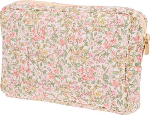 En blomsterfotogramficka med rosa, grönt och gult blommor och en dragkedja på sidan.