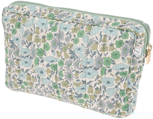En blommig mönstrad väska med dragkedja i grönt, blått och beige, avsedd för att bära saker.