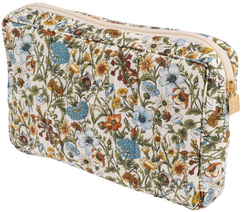 Väska med blommönster i tyg, med blixtlås, beige bakgrund, färgglada blommor och gröna rankor.