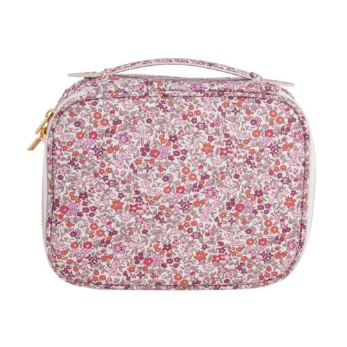 En väska med blommönster, huvudsakligen rosa, lila och vit, med handtag och dragkedja på toppen.