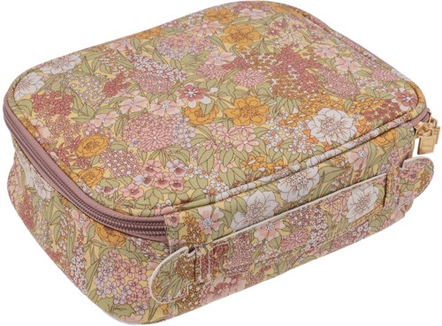 En väska med blommönster och blixtlås i pastellfärger, avsedd för personliga saker.