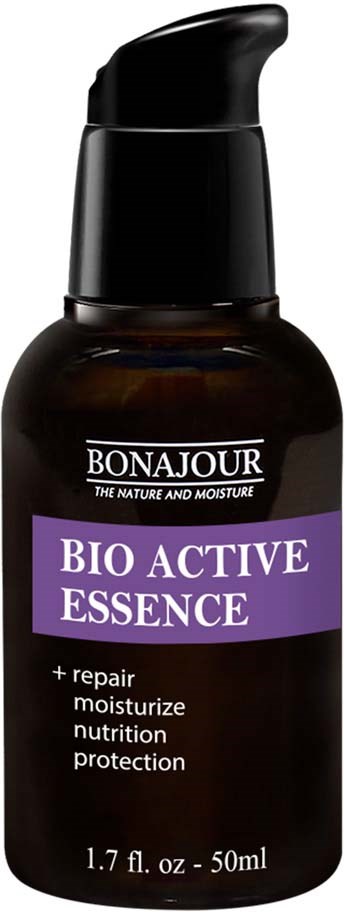 Brązowa butelka z czarnym dozownikiem, oznaczona 'Bio Active Essence' na fioletowo, z tekstem o naprawie i odżywianiu.